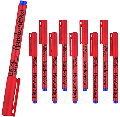 10 x Berol Handwriting Pens, Non-Fading Blue Ink, Fine Nib, Washable