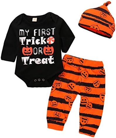 Baby Trick Treat Pumpkin Rompers Striped Pants 3Pcs Halloween Costume Set