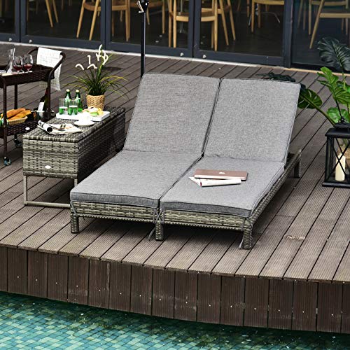 Outsunny Polyrattan Doppelliege Sonnenliege Gartenliege für 2 Personen Relaxliege Luxus Lounge 5-stufige Rückenlehne Metall PE Rattan Grau 196 x 120 x 28 cm – Bild 3
