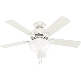 Hunter 44 inch Indoor Ceiling Fan with LED Light - White Ceiling Fan with Pull Chain, For Bedroom, Living Room, or Kitchen, S