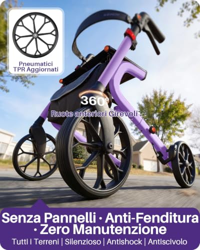 Kekoy Deambulatore per Anziani 4 Ruote con Seduta, Pieghevole, 181 kg Portata, Sedile 44 cm Largo, Ruote 25 cm Per Tutti I Terreni, Altezza Regolabile, Freni con Cavi Nascosti, Portaoggetti, Viola