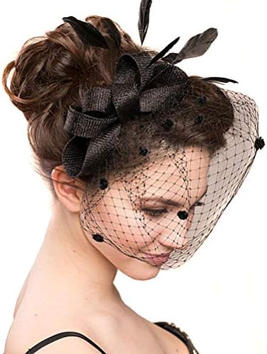 ECOSCO Womenโs Fascinator Hair Clip Pillbox Hat Feather Flower Veil Wedding Party