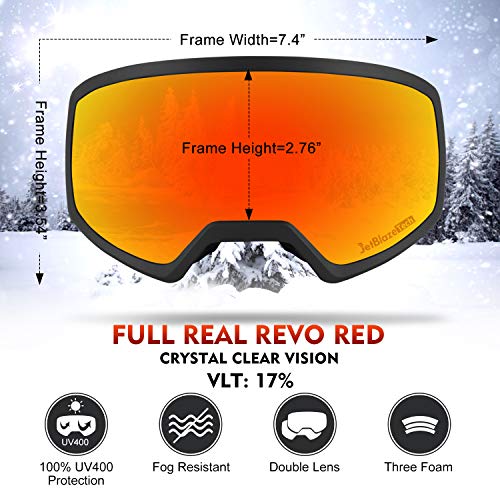 JetBlaze Ski Snow Goggles, Dual Layers Lens Anti-Fog UV Protection Spherical Snowboard Goggles for Men Women Youth Adult (Red)
