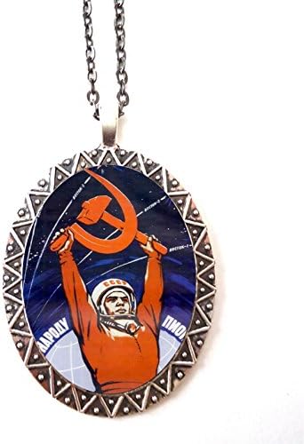 HandmadeSoviet Propaganda Necklace Pendant Silver Tone USSR Russia Cosmonaut Astronaut Hammer and Sickle