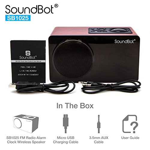SoundBot SB1025 Alarm Clock FM Radio Bluetooth Wireless Portable Speaker w/ Acoustic 76mm Premium 7w Driver, 6Hrs Music Streaming, Built-in Battery, 3.5mm Aux Port LED Display