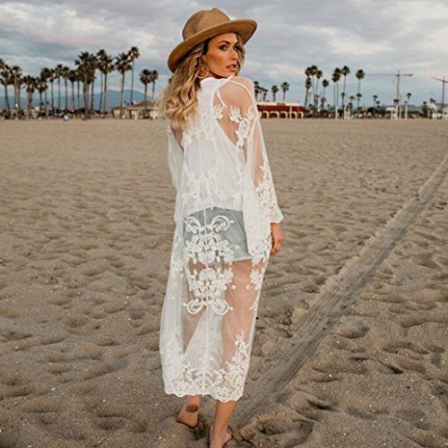 YJYDADA Women Lace Bohemian Beach Long Oversized Kimono Coat (White)