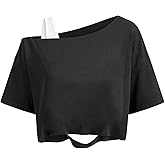 Remidoo Womens Off The Shoulder T Shirt Short Sleeve Crop Top Loose Tee Distressed Ripped Shirts