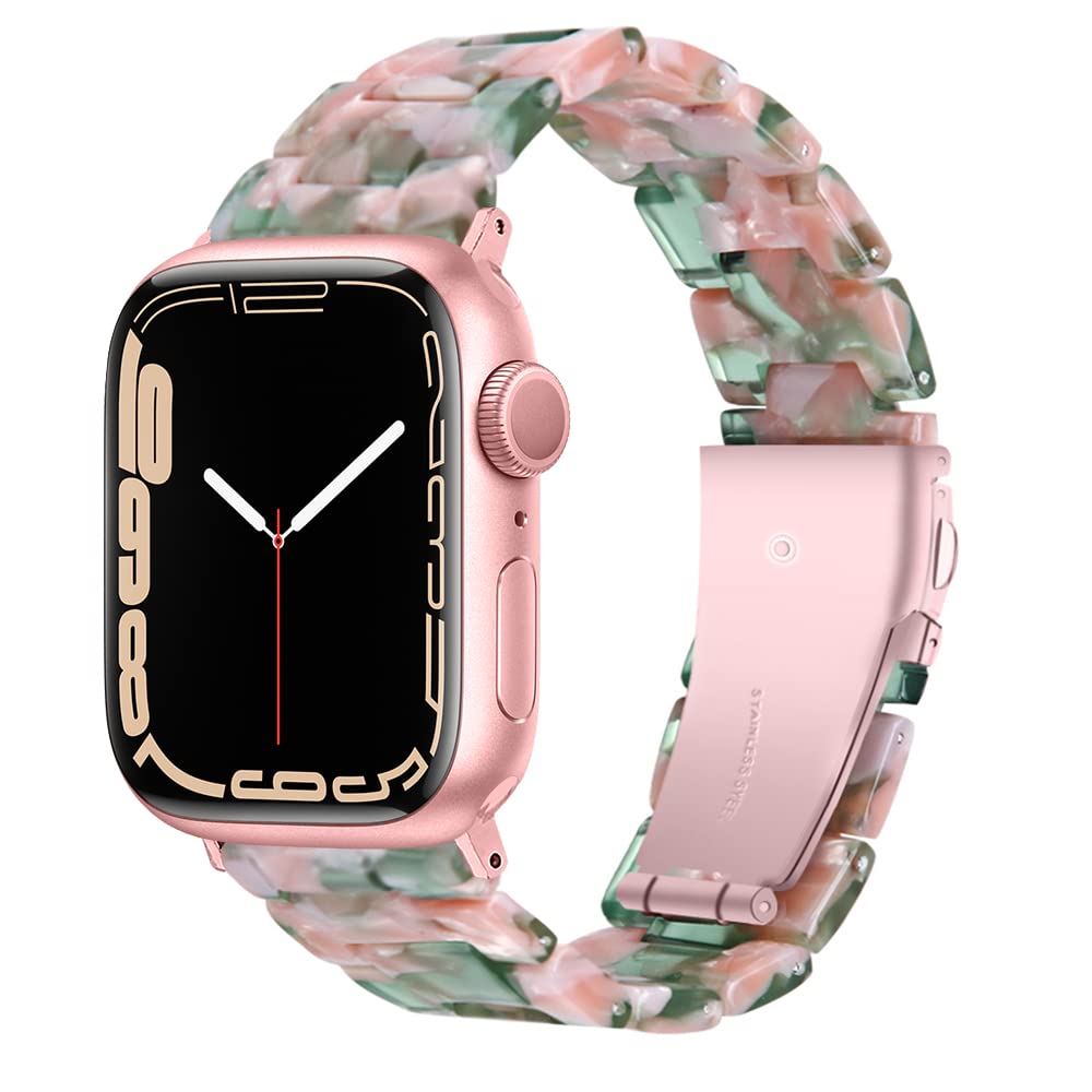 Miimall Resin Strap Compatible with Apple Watch 42mm/44mm/45mm/49mm, Lightweight Band with Stainless Steel Buckle iWatch Strap Bracelet for Apple Watch SE/Ultra Series 8 7 6 5 4 3 2 1(Pink Green)