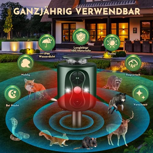 Ultrasonic Solar Cat Deterrent, 360 Degree Cat Deterrent for Garden, 5 Modes, Adjustable Marten Deterrent, Animal Repellent, 10 m Mader Repellent for Marten Cats Raccoon Dogs Birds Mice