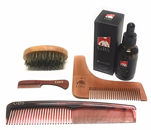 GBS Premium Men's Beard Styling and Shaping Set- Comes with Oval Boar Bristle Brush, Unscented Beard Oil, Wood Template, Mustache Comb with 7