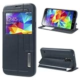 JUJEO Litchi Skin Window View Stand Leather Folio Case for Samsung Galaxy S5 G900 - Non-Retail Packaging - Blue