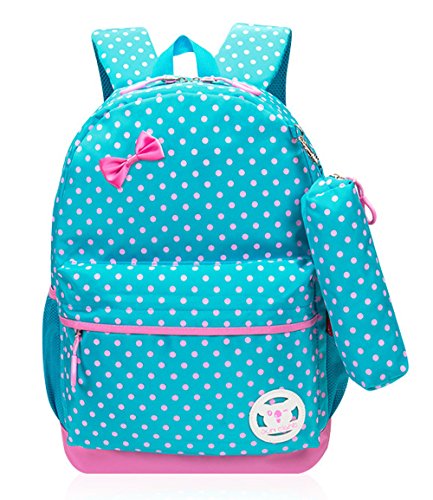 Polka Dots Print Girls School Bags for Kids Primary School Backpacks for Girls Bookbags (Medium, Blue)