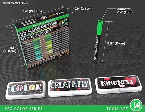 Acrylic Paint Pens Set of 22 Assorted Pro Color Series Markers, 0.7mm Extra Fine Tip for Rock Painting, Glass, Cups, Wood, Canvas, Non-Toxic (Green)