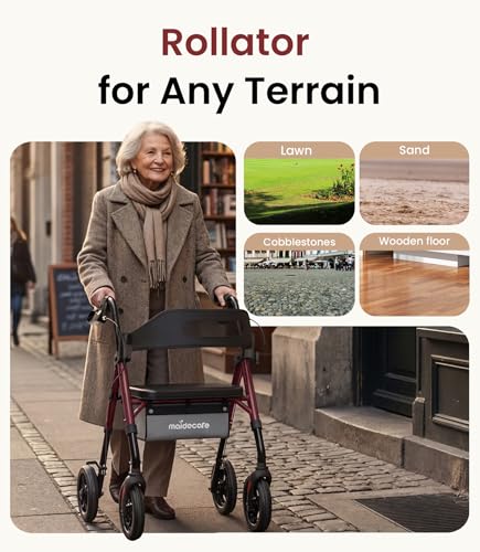 Rollator Walker with Seat and Wheels for Elderly, 4 Wheels Rollators for Seniors and Disabled, Walking Aid Foldable with Brake, Adjustable Handles and Seat Height, 8" All-Terrain Wheels, Red