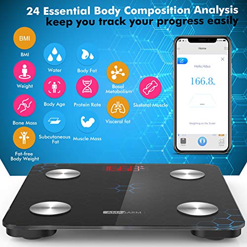 Updated 2020 Version Bluetooth Digital Body Fat Scale, AMAGARM Smart Wireless BMI Weight Scales, Bathroom Tracks Body Composition Analyzer Scale with Smartphone App for Water, BMI, BMR, Muscle Mass