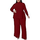 MRSFITOK Wide Leg Plus Size 2 Piece Outfits for Women Sweatsuit Sexy Long Sleeve Split Shirt Pant Set Casual Tracksuits