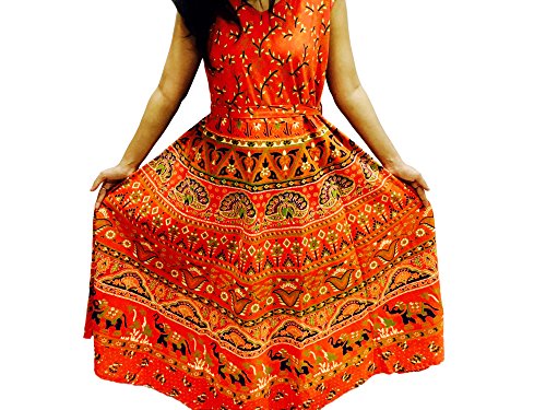 Indian Handmade Vintage Block Printed Dress For Women , 100% Cotton Orange V-Neck Ethnic Maxi Style Long Mandala Print