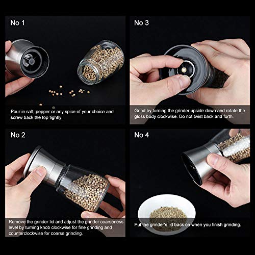 Salt and Pepper Grinder Set,Brinonac Glass Shakers and Adjustable Ceramic Rotor in 2 Stainless Steel Mills Great for Tasty and Healthy Food - Thumbnail 3