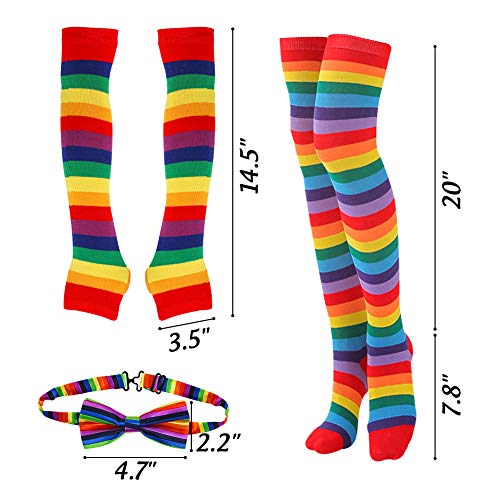 BigOtters Rainbow Socks, 3PCS Colorful Striped Costume Set Knee High Socks Arm Warmer Fingerless Gloves and Bow Tie for Boys Girls Halloween Cosplay Xmas Dress-up Party Favor