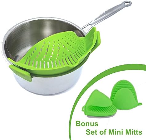 Clip and Strain by Chef JoJo, NEW IMPROVED No-hands Clip-On Silicone Strainer Colander. Fits all Pot Pan and Bowl Sizes. INCLUDES BONUS set of Silicone Oven Mini Mitt Pot Holders (Green)