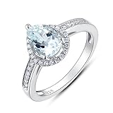 Sterling Silver Pear Cut Genuine Natural Aquamarine Halo Ring