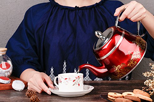 Red Tea Pot with Infuser Loose Tea for Stovetop Stainless Steel Coffee Kettle 8 Cup Quick Boil Sturdy Teapot Hot Water Mirror Finish 2 Liter/2.1 Quart 68 Ounce by Onlycooker - Thumbnail 2