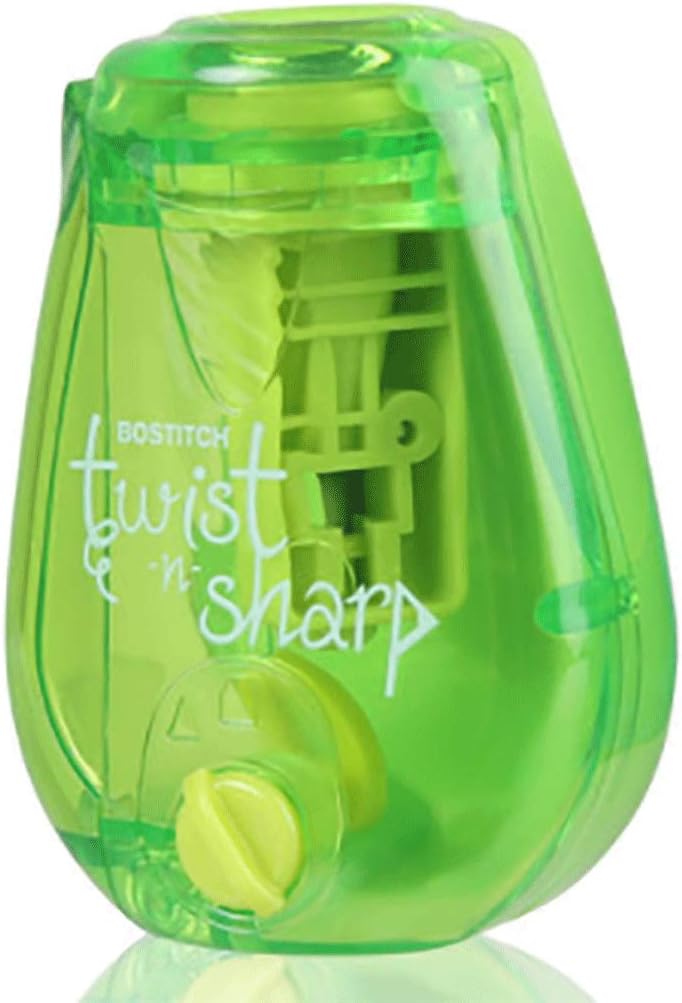 Bostitch Pencil Sharpener Twist-N-Sharp Colored Manual Small Pencil Sharpeners Hand Held, 3 Pack, Covered, Single Hole, Lime Green, Blue and Red Color Portable Handheld Sharpeners with Cover for Kids : Office Products