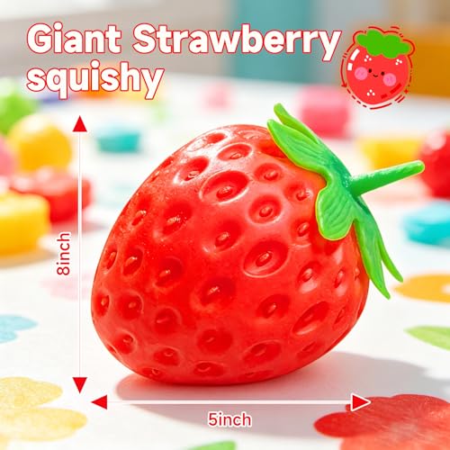 8in Giant Strawberry Squishy, Jumbo Big Cute Realistic Strawberry Stress Ball Soft Squishys Slow Rising Stress Ball for Anxiety Stress Party Favors