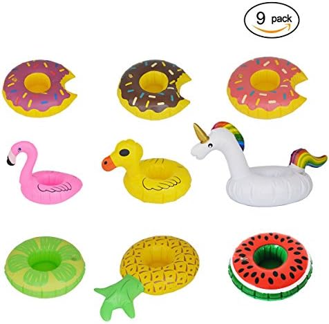 Inflatable Drink Holders, HOMEWE 9Packs Drink Floats Fruit Donuts Duck Flamingo Unicorn Cup Holders Coasters Pool Floaties Bar Party Drink Holder Supply for Bachelorette Party, Bath Toys Bridal Shower