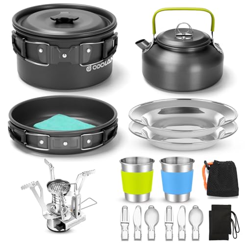 Odoland Camping Geschirr 18-teilige Camping kochset Faltbare Campingtopfe und 0.8 L Camping teekessel und Gaskocher für Schraubkartusche für Outdoor K