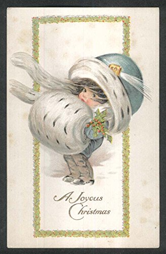 Joyous Christmas Ermine Muffler holly berries embossed postcard 1910s