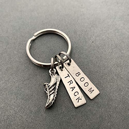 RUN TRACK 800M Key Chain - Running Shoe Charm and Hand Stamped TRACK and 800M Pendants on Round Key Ring - Track 800 Meter Race