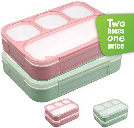 Leakproof Bento Lunchboxes, Lunch Containers 4 Compartments (2-Pack), no smells, food prep, meal planning, Microwave and Freezer Safe - FDA Approved and BPA Free by New Tomorrow