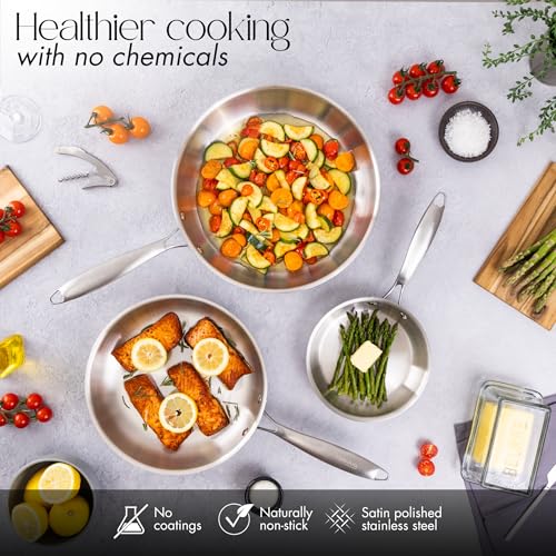 Stainless Steel Frying Pan Set – 3pcs Induction Hob Pan Set – Naturally Non-Stick Tri-Ply Stainless Steel – 18cm, 26cm & 30cm Cooking Pans – by Nuovva