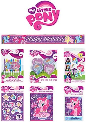 My Little Pony Party Kit And Favors - Includes 8 Photo Booth Props, 8 Invitations with Envelopes, 8 Loot Bags with Notepads and Stickers - Cake Decor and 8 Candles and Holders - 12 ft Banner