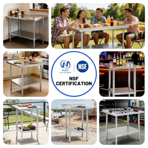 Hally Stainless Steel Work Table with Backsplash Prep Table Commercial Kitchen Table Heavy Duty Workstation, 24 x 60 Inch Food Prep Station with Adjustable Shelf for Home Garage Restaurant