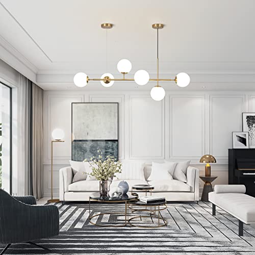 KCO Lighting 6 Light Milky Glass Chandelier, Modern Linear Globe Chandelier, White and Gold Pendant Lamp Mid-Century Rectangular Chandelier for Kitchen Island