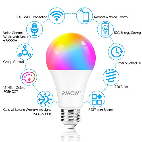 Smart Light Bulbs Works with Alexa, Google Home and Siri, RGBW+CCT 2700