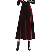 ebossy Womens Vintage Elastic High Waist Pleated Velvet Skirt Winter Warm Thicken Flowy Swing A-line Mid Skirt