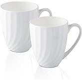 COSTMANCE Fine Bone China White Coffee Mugs Set of 2 (12 oz), Ceramic Spiral Pattern Tea Cups, Thin China Coffee Cups, Lightweight Coffee Mugs for Hot Chocolate, Latte, Cappuccino