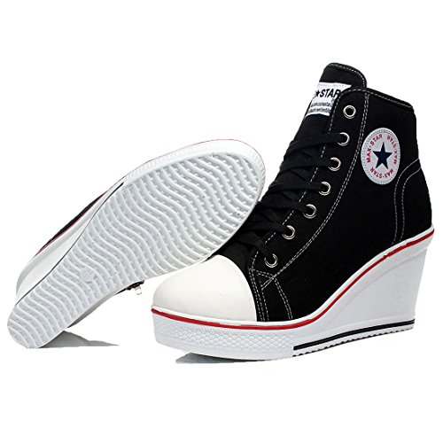 mewow Womens Girl's Casual Plus Size High Top Wedge Heel Canvas Shoes Fashion Sneaker (6.5, Black) - Thumbnail 6
