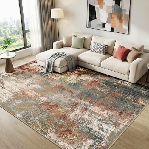 DEFYNEE Wohnzimmer Teppich 150 x 210 cm | Rutschfester Kurzflorteppich in abstraktem Design | Waschbar für Schlafzimmer & Homeoffice, Rotbraun