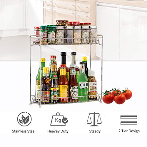 Spice Rack Organizer 2 Tier Rack Stainless Steel Spice Jars Bottle Stand Holder Kitchen Organizer Storage Kitchen Shelves Rack - Silver