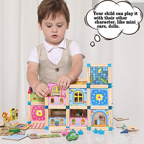 Wondertoys 128 Pieces Wooden Dollhouse Accessories with 2 People DIY Architecture Model Set Pretend Play Educational Toys for 3 Years Old Boys and Girls