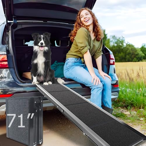 RUBLELITIE - Rampa para perros para coches, SUV, camión, 17.3 x 71 pulgadas, resistente plegable, amplia escaleras para mascotas con superficie antideslizante, diseño plegable portátil para perros
