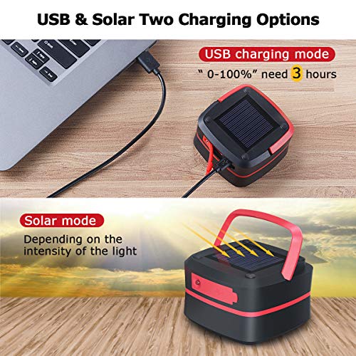 Quntis Rechargeable LED Camping Lantern - Outdoor Solar Powered Camping Flashlight - Mini Torch Hanging Light USB Charging for Hiking Tent Garden Patio Emergencies - Collapsible and Waterproof - Red - Thumbnail 5