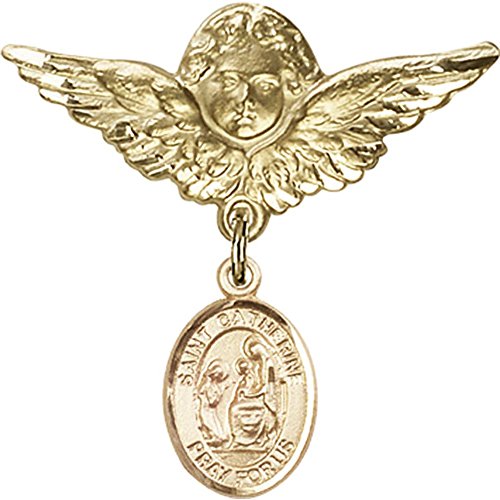 Gold Filled Baby Badge with St. Catherine of Siena Charm and Angel w/Wings Badge Pin 1 1/8 X 1 1/8 inches