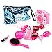 EXERCISE N PLAY 10 PCS Hot Pink Deluxe Pretend Makeup Play Kit for Kids with Blue Sequin Portable Cosmetic Bag Toddlers Cosmetic Pretend Beauty Set Girls Fun Play Purse Toy Accessory