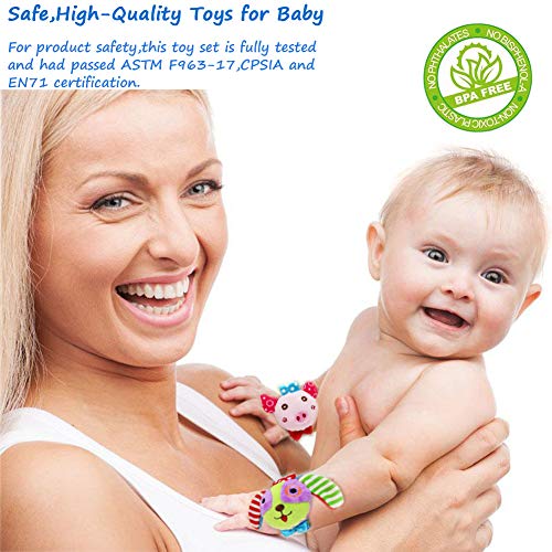 Bloobloomax Baby Soft Rattle, 4 Cute Animal Baby Infant Wrists Rattle and Foot Rattles Finders Socks Set Developmental Soft Toys for Newborn