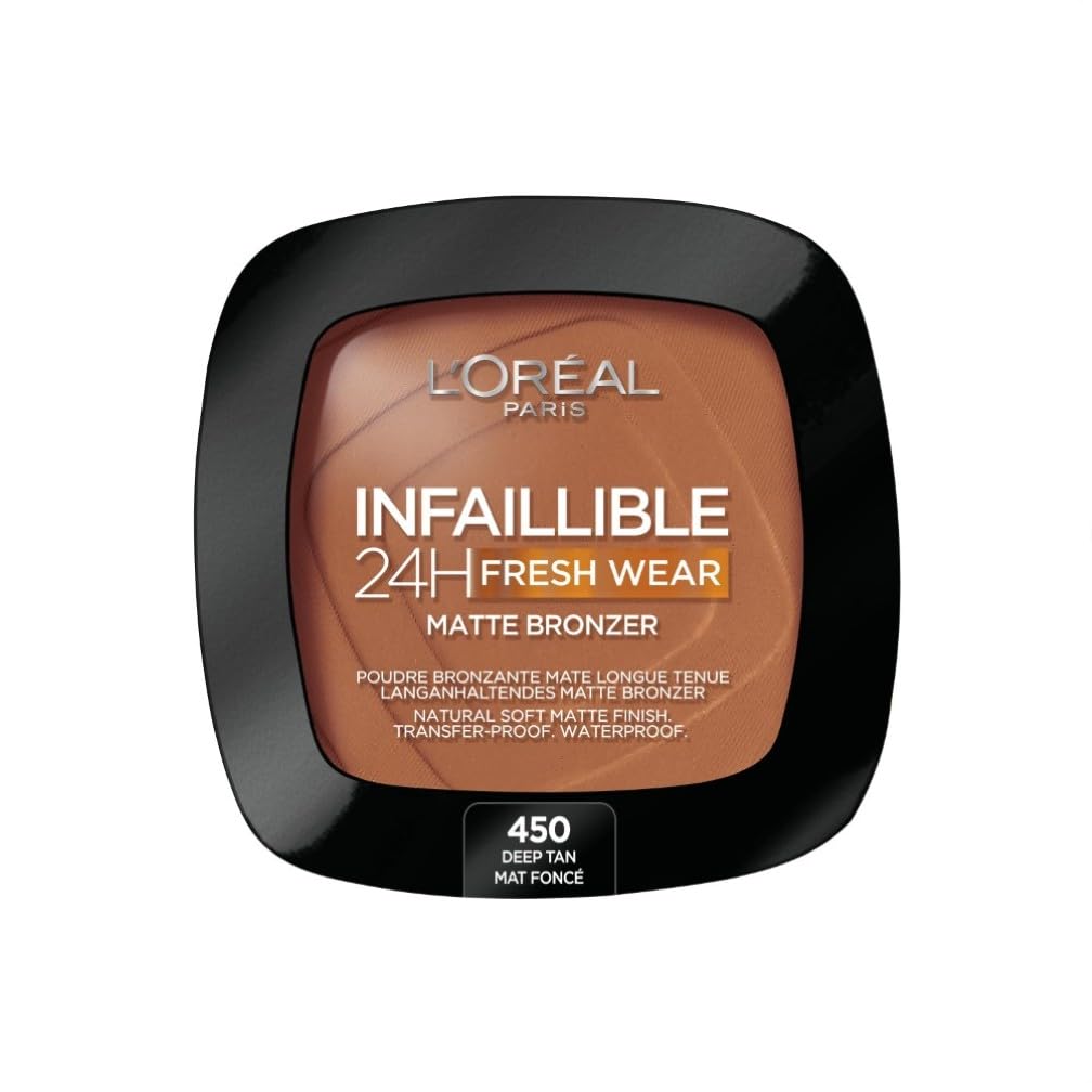 L'Oréal Paris Soft Matte Bronzer, Longwear, Matte Finish, Waterproof and Transfer-proof, Face & Body Bronzer, Summer Glow All Year Around, Infallible 24H, 450 Deep Tan